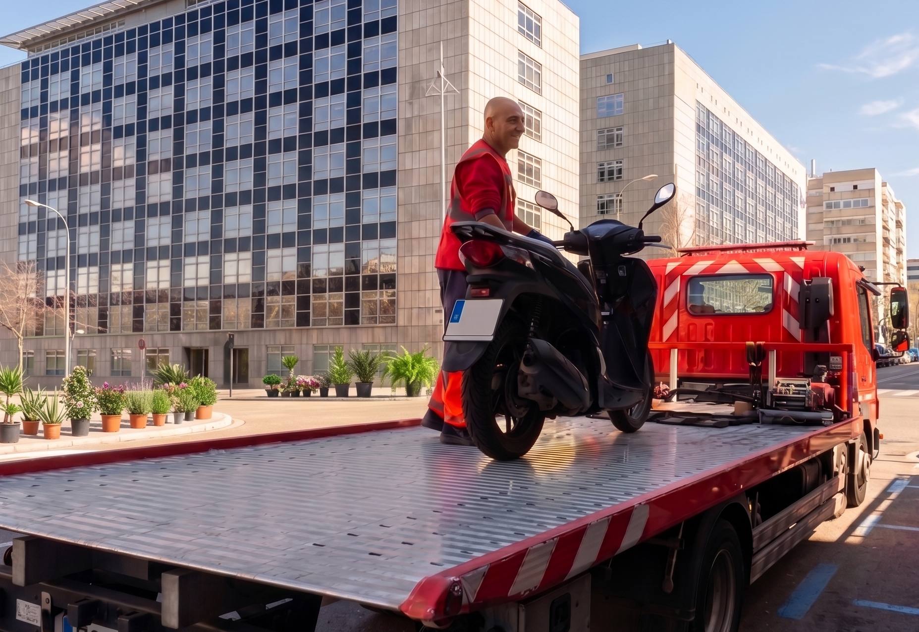 Furgoneta roja cargando moto